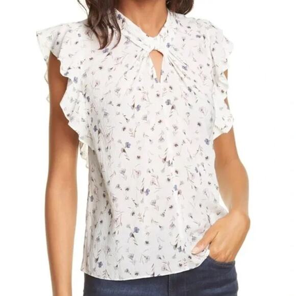 Rebecca‎ Taylor Flutter Sleeve Adelaide Floral Silk Top White Womens Size 14 - Picture 1 of 6
